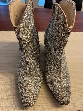 Sincerely Jules Crystal-Embellished Metallic Beige Ankle Boots